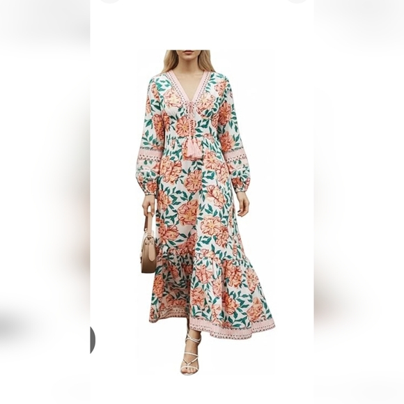 Dresses & Skirts - SunnySpirit Floral Boho Maxi Dress V-Neck Balloon Sleeve Tassel Size L
